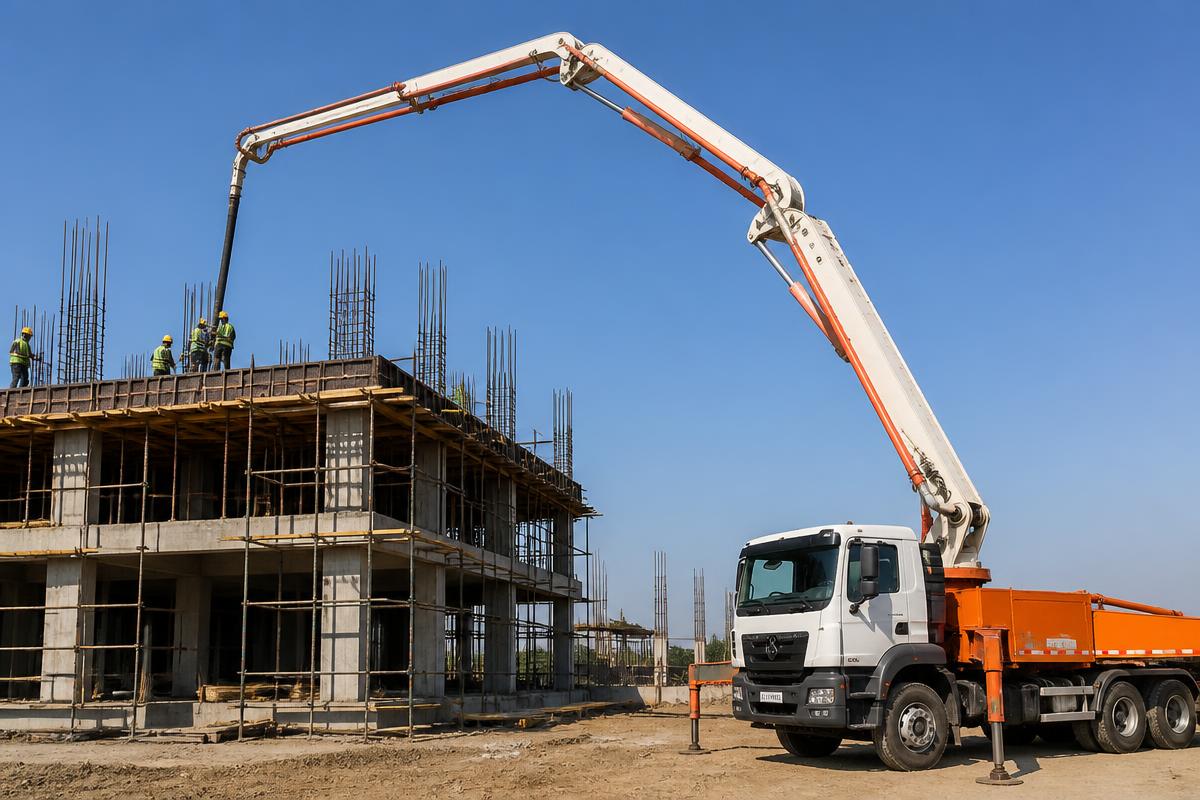 Unit sewa pompa beton boom panjang PT Jambi Beton Perkasa memompa beton readymix ke lantai atas bangunan