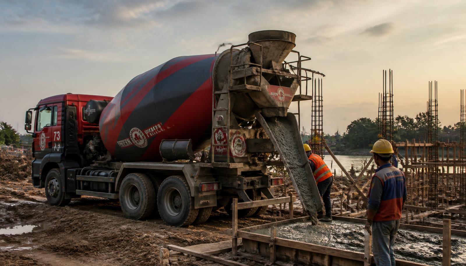 Truck mixer PT Jambi Beton Perkasa menuang beton readymix di proyek pengecoran Kota Jambi